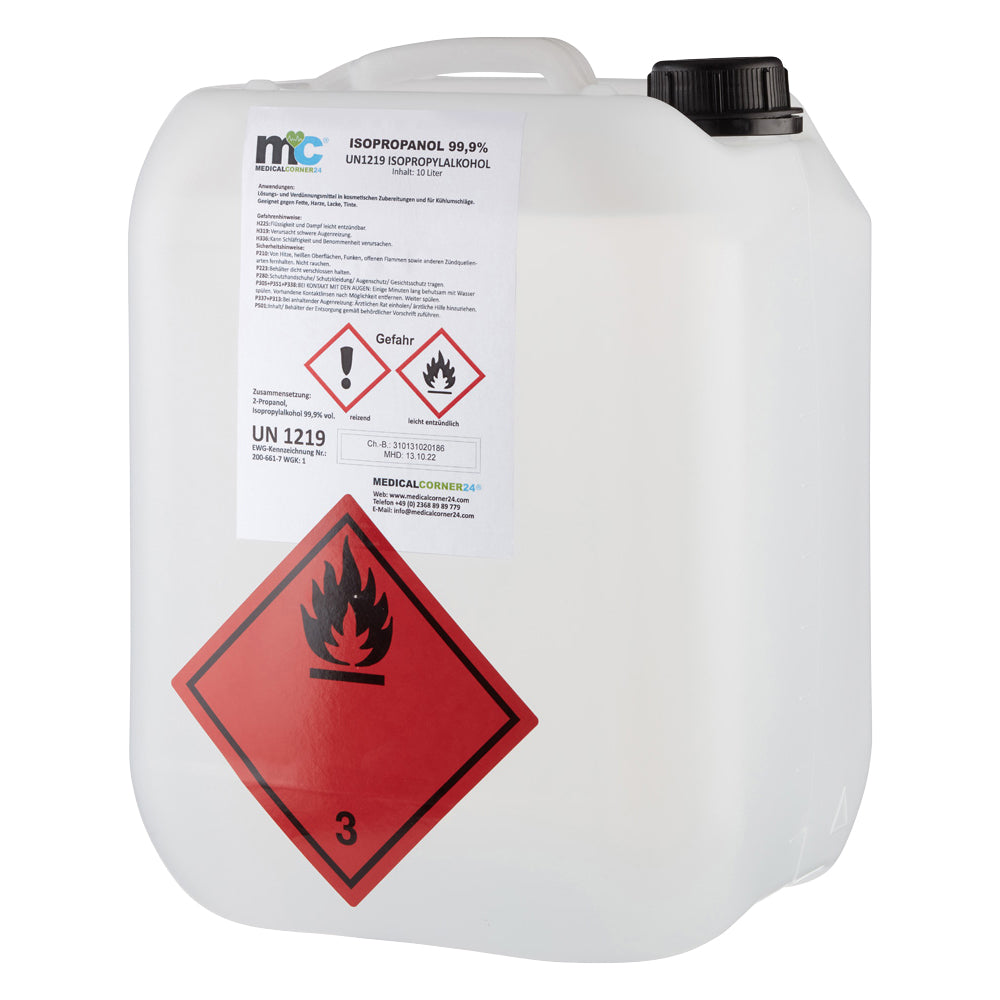 Isopropanol 99,9 % im Kunststoffkanister, großer Gefahraufkleber auf der Vorderseite