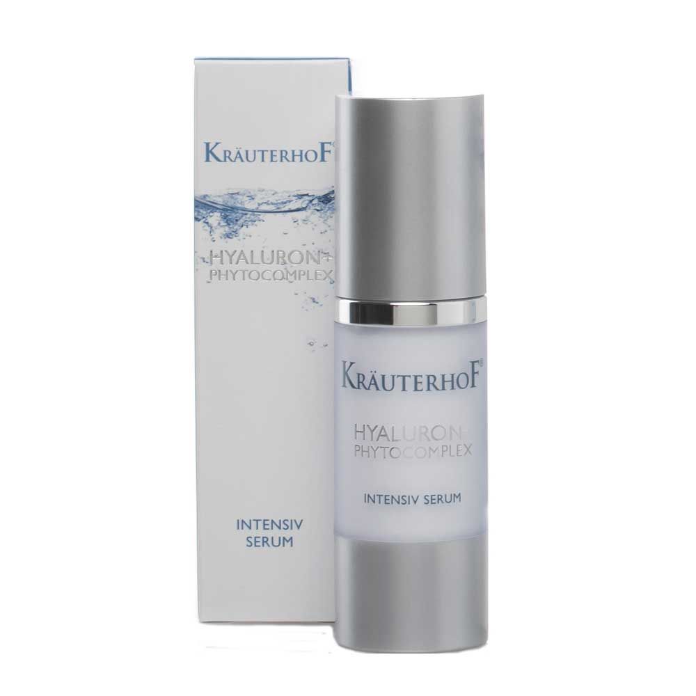 Gesichts-Intensivserum: Flakon mit Umkarton, silberner Verschluss, Kräuterhof-Logo.