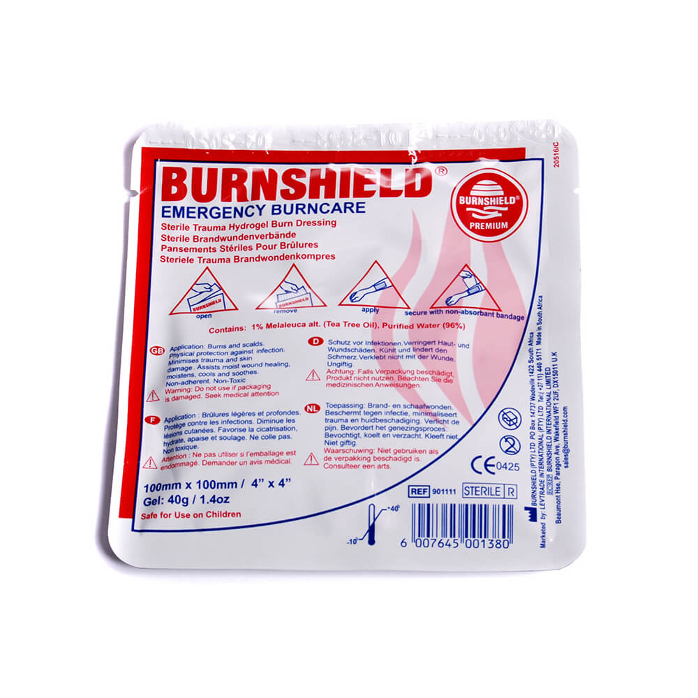 BurnShield Hydrogel-Burnsverband im versiegelten Beutel, weißes Set mit Aufdruck