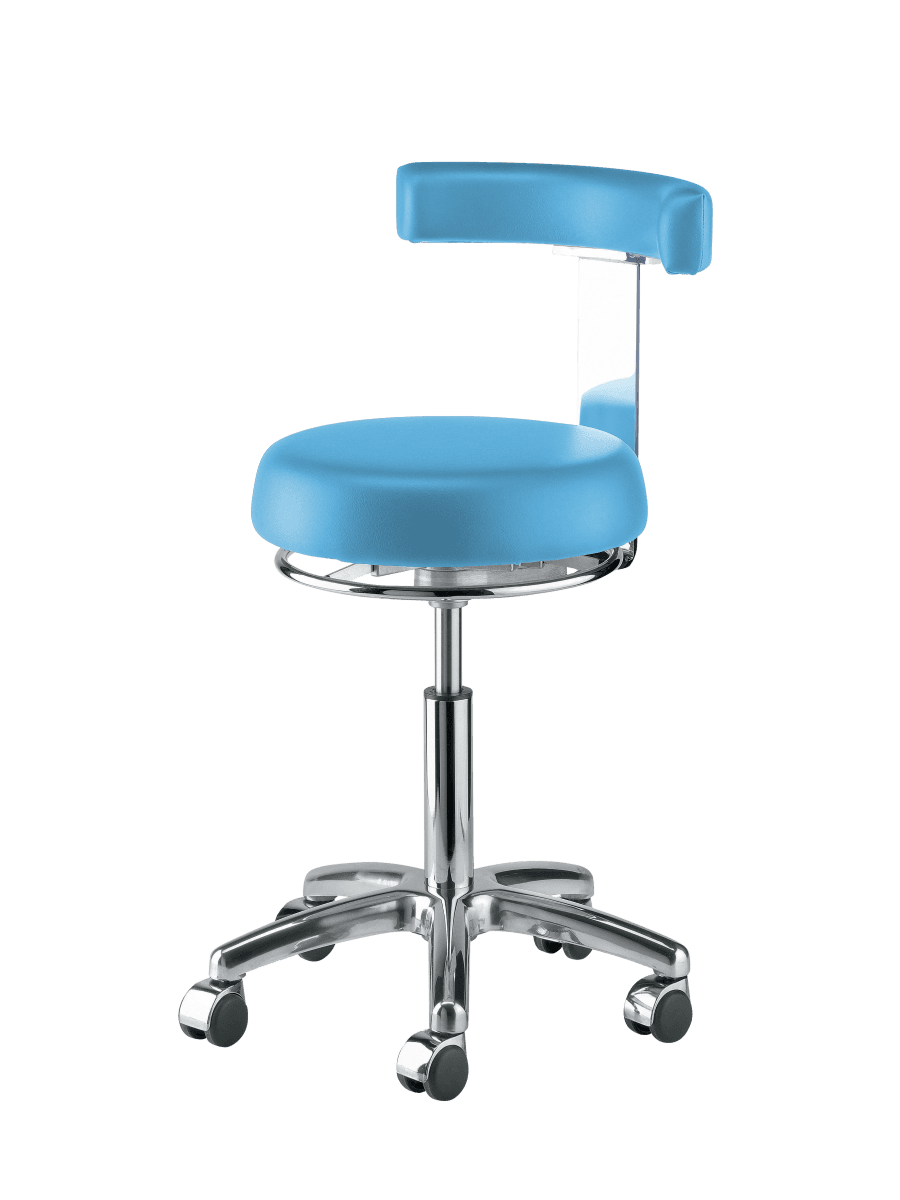 Behandlungsstuhl mit Aluminiumgestell, gepolsterter Sitz und Rücken, blau