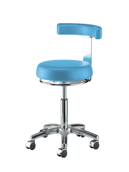 Behandlungsstuhl mit Aluminiumgestell, gepolsterter Sitz und Rücken, blau