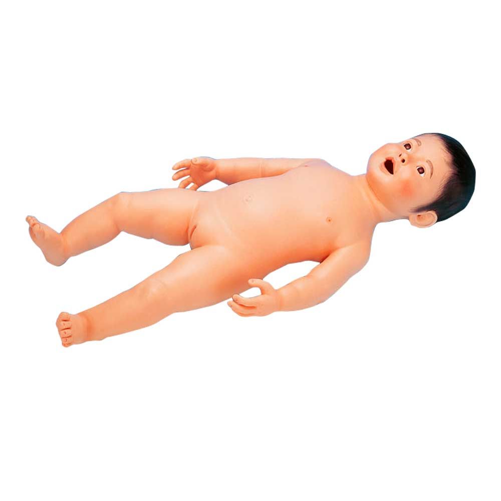 Weibliche Säuglings-Krankenpflegpuppe als liegendes Baby mit dunklen Haaren