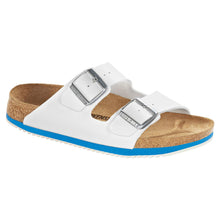 Weiße Birkenstock Arizona SL Sandale mit zwei Schnallenriemen und blau eingefasster Sohle