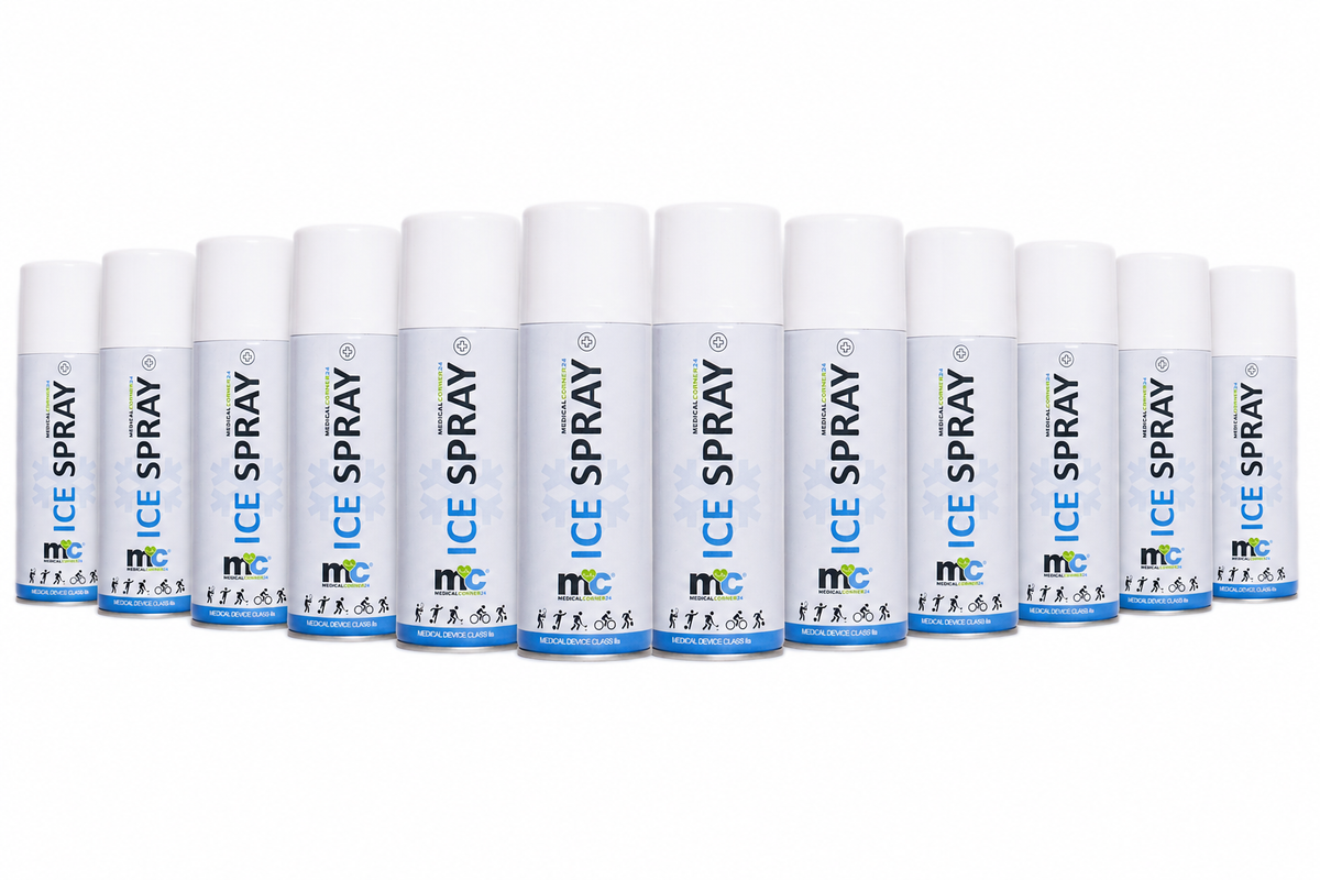 Kältespray-Set: 12 Dosen mit blauem Etikett und Sprühkopf