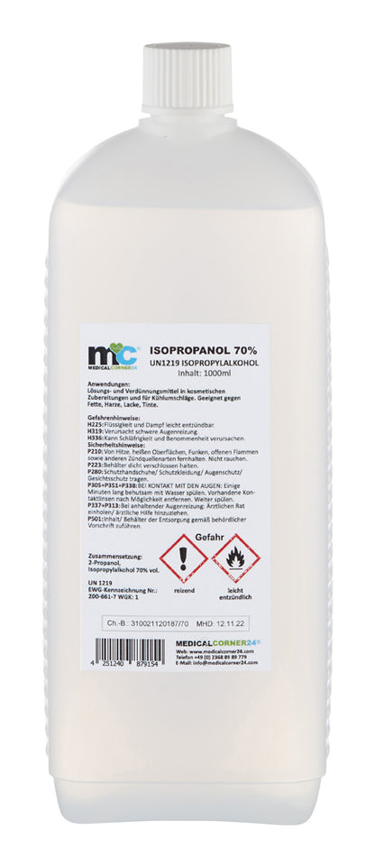 Isopropanol-70%-Flasche, 1 Liter, Vorderansicht des Rücketiketts