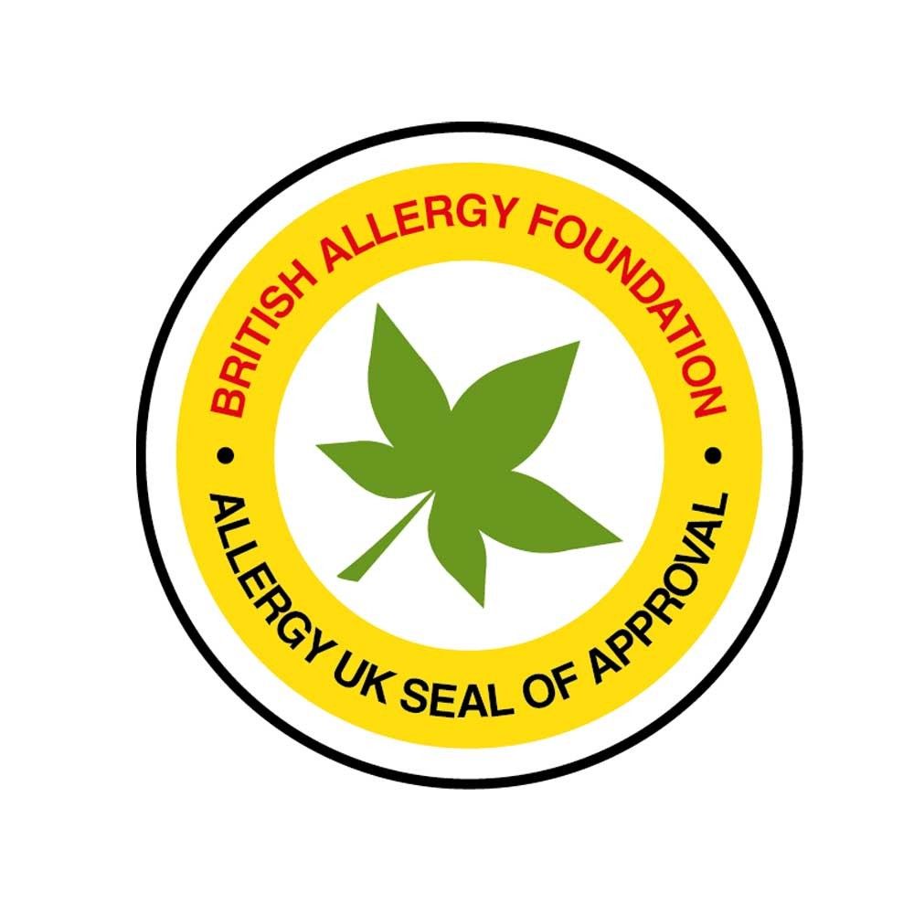 British Allergy Foundation Siegel mit grünem Blatt im gelb-weißen Kreis