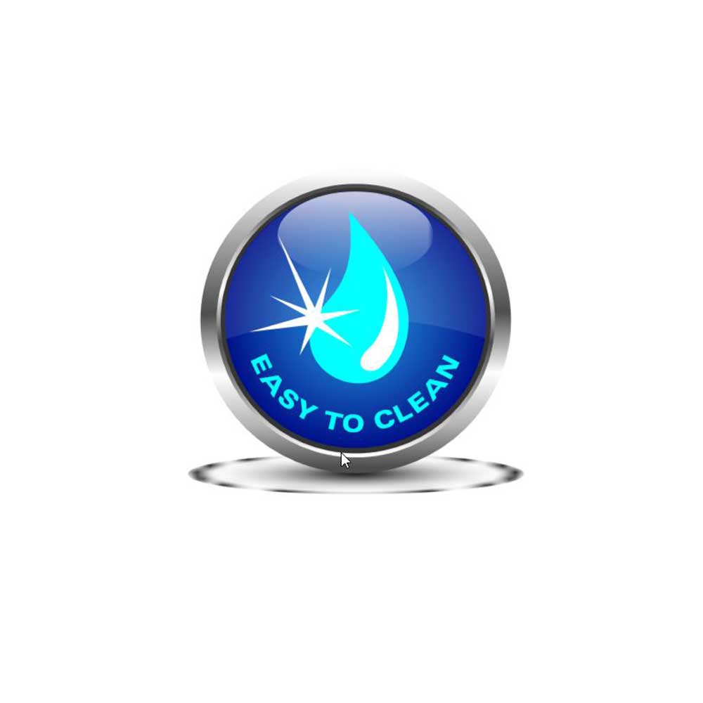 Rundes Logo „Easy to clean“ mit Wasser- und Reinigungs-Symbol