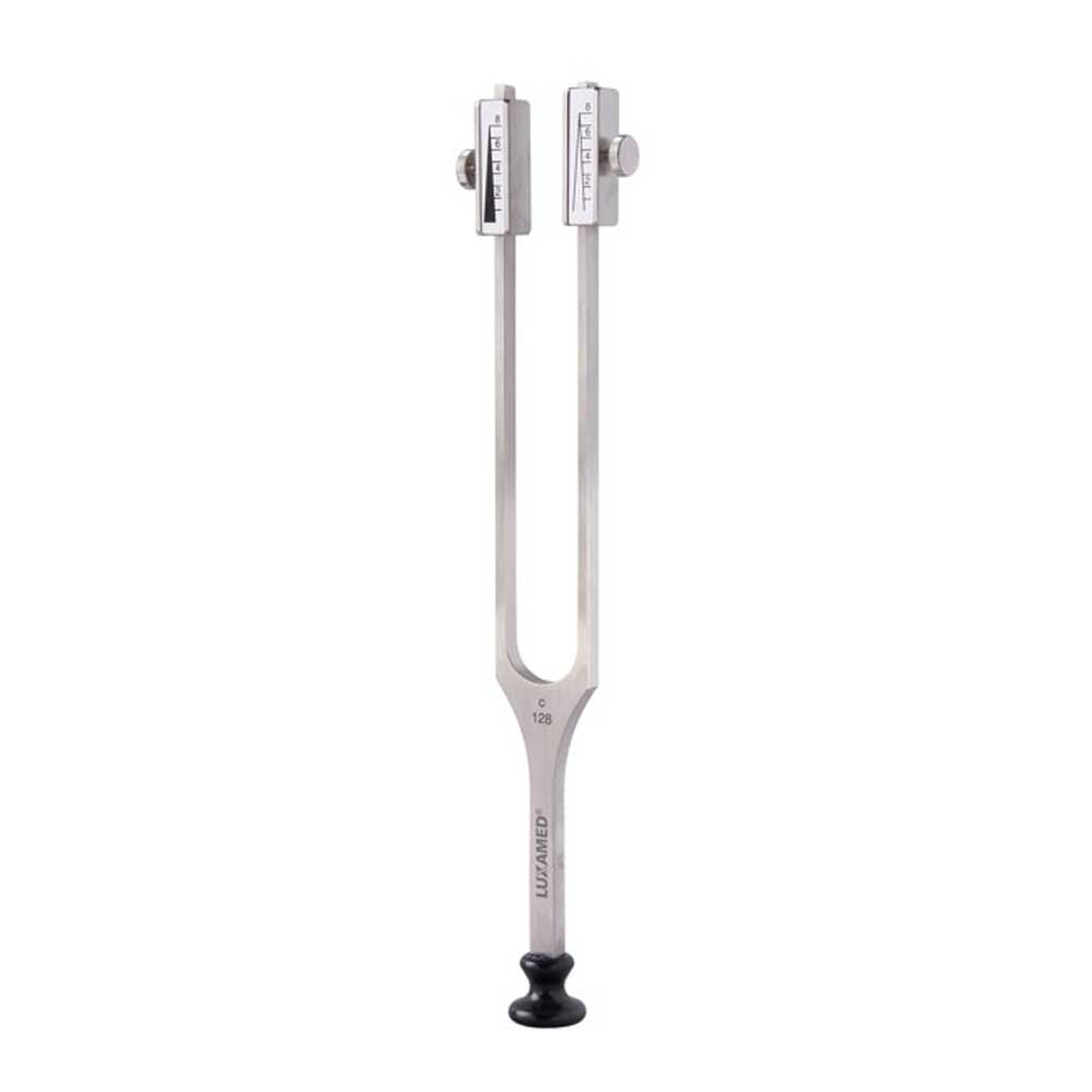 Stimmgabel nach Rydel-Seiffer mit Dämpfer, silbern, schwarzer Gummifuß