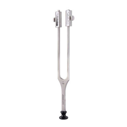 Stimmgabel nach Rydel-Seiffer mit Dämpfer, silbern, schwarzer Gummifuß