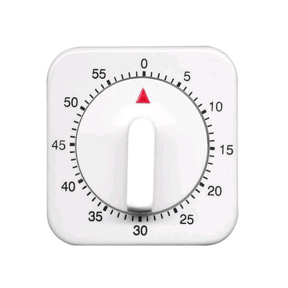 Mechanischer Kurzzeitmesser mit weißem Gehäuse und analogem Ziffernblatt, Skala 0–55, rot