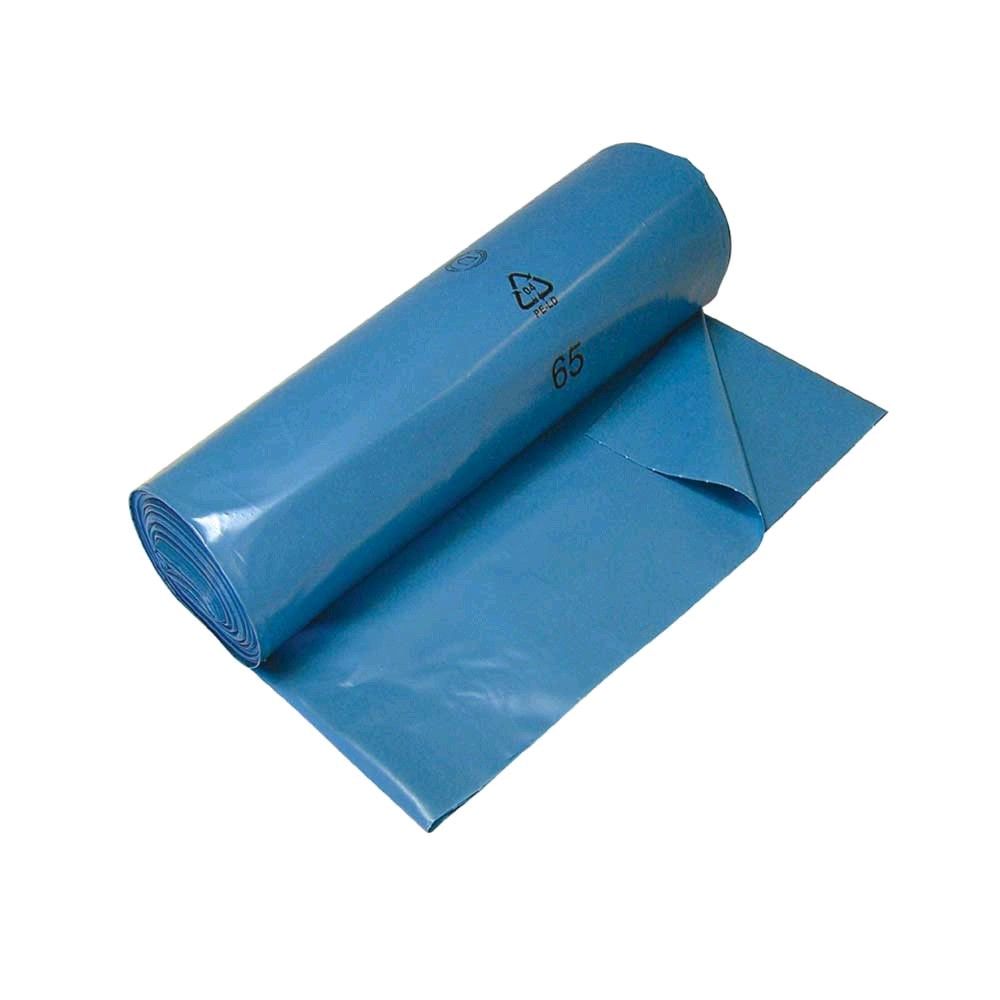 Blaue Müllbeutel aus Hochdruck-PE, aufgerollte Rolle mit ausgelegtem Beutel