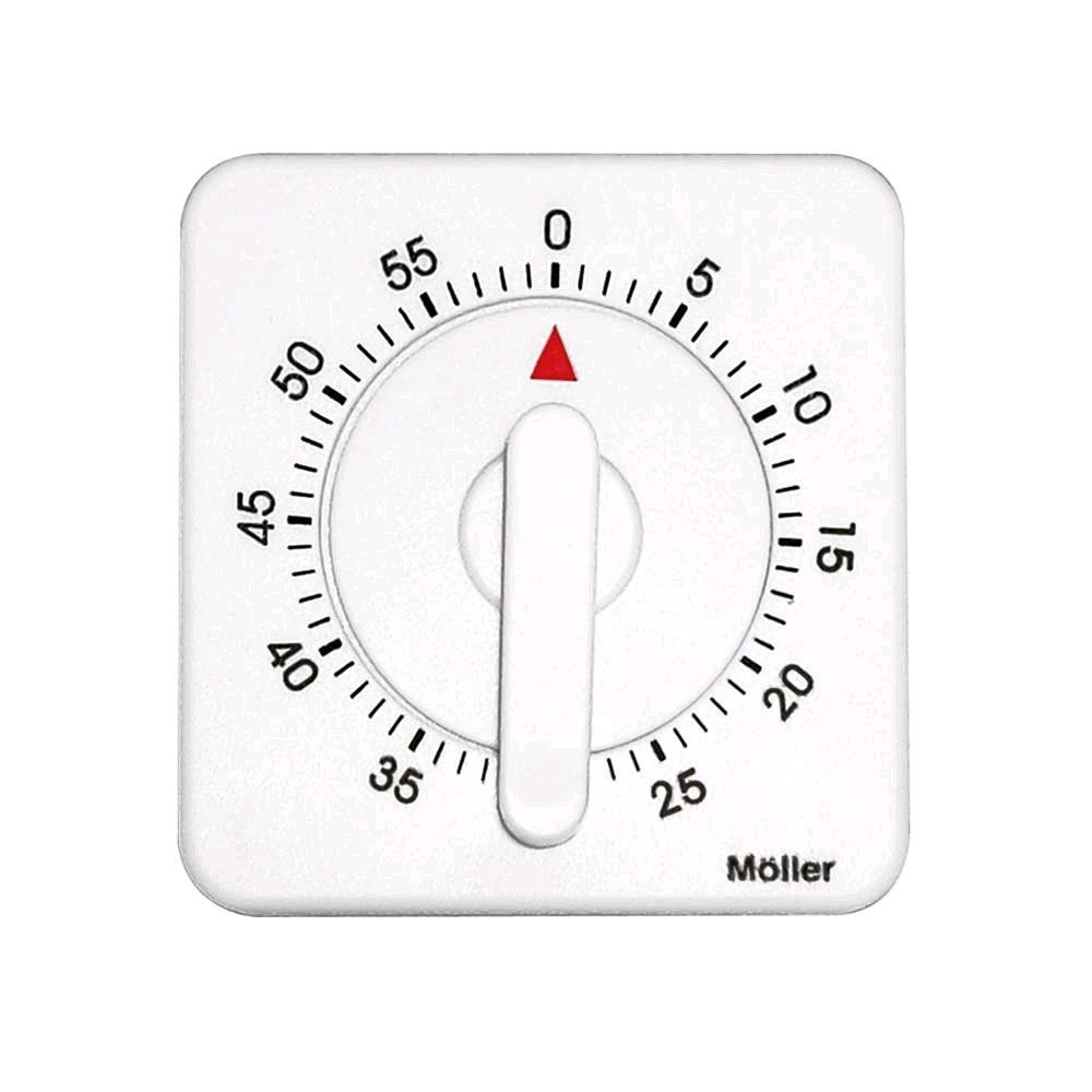 Mechanischer Kurzzeitmesser mit weißem Gehäuse, Skala 0–55 Min, rote Markierung, Möller