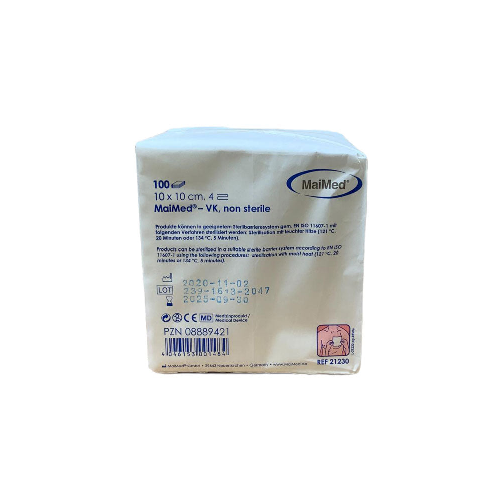 4-fach Vlieskompressen 10×10 cm, unsteril, weiß, Rückseite mit Barcode