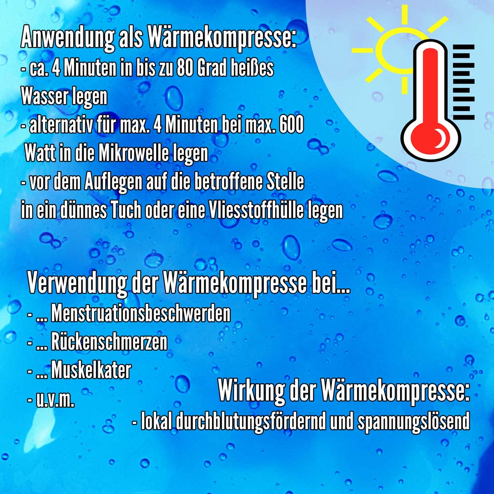 Blauer Gel-Wärmekompressen-Aufdruck mit Anwendungshinweisen und Temperaturangaben