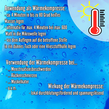 Blauer Gel-Wärmekompressen-Aufdruck mit Anwendungshinweisen und Temperaturangaben