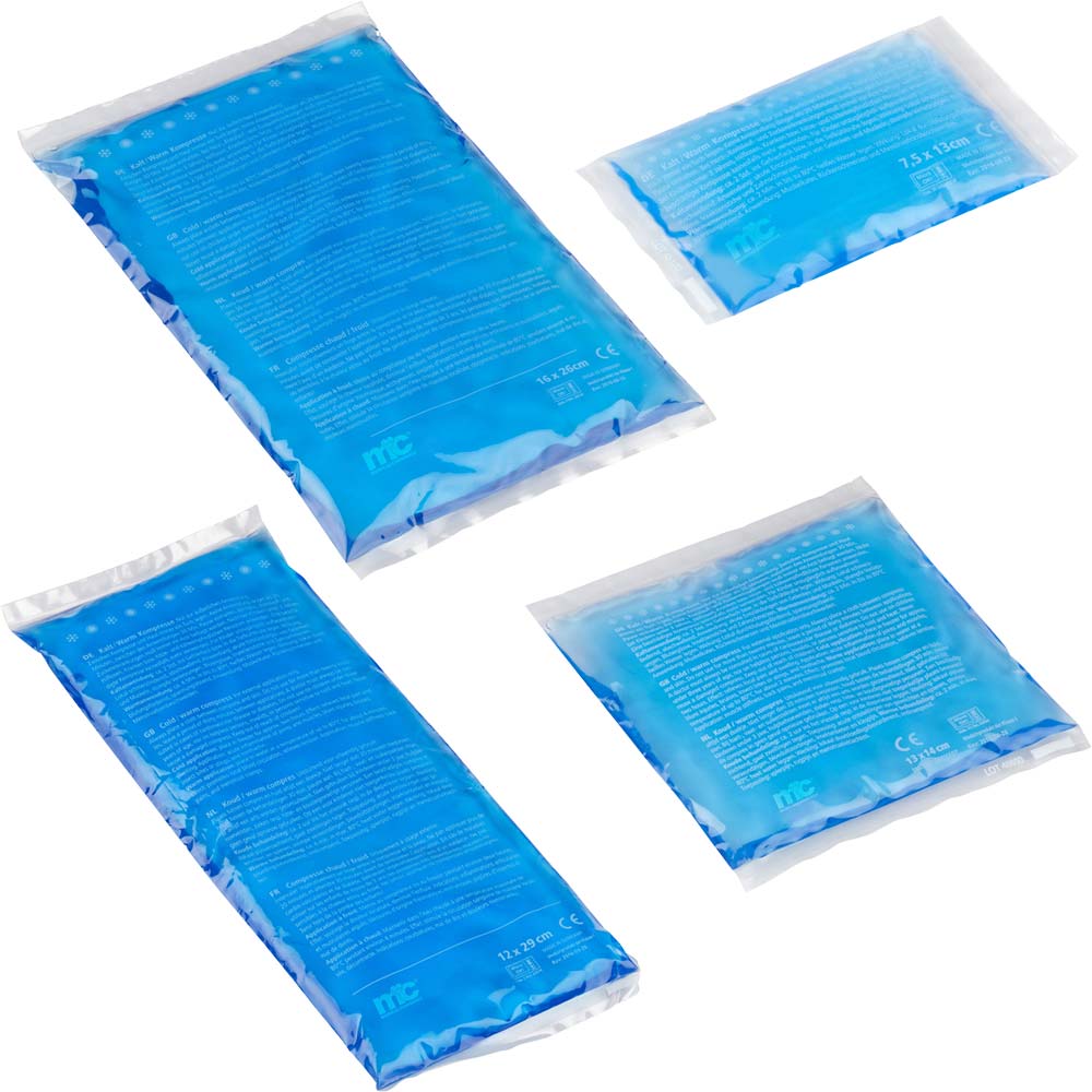 Kompressen-Set mit 4 blauen Kühl-/Warm-Kompressen in Folienverpackung