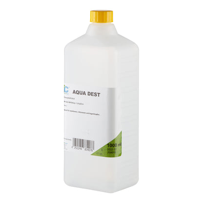 Destilliertes Wasser 1.000 ml in Flasche mit gelbem Deckel, Etikett und Füllmengenangabe
