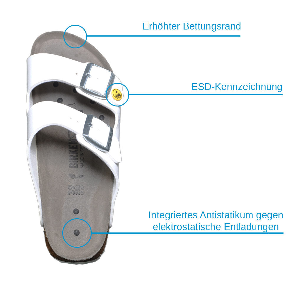 Weißer Arizona ESD-Schuh mit zwei Schnallen, integriertes Antistatikum und seitlicher Markierung