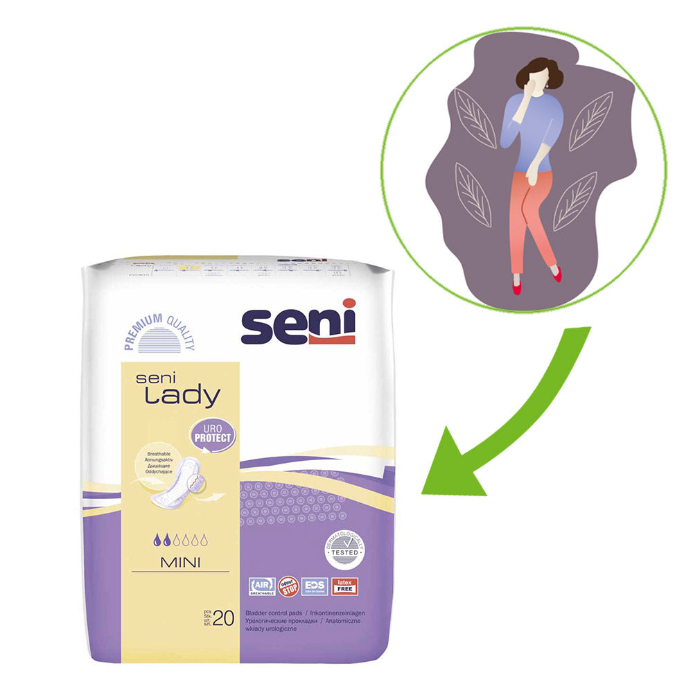Seni Lady Inkontinenzeinlagen, Mini Packung; mit Größenhinweis „20“.