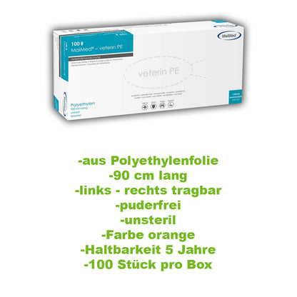 Verpackungskarton mit Angaben: veterin PE, orange, 90 cm, puderfrei, 100 Stück pro Box