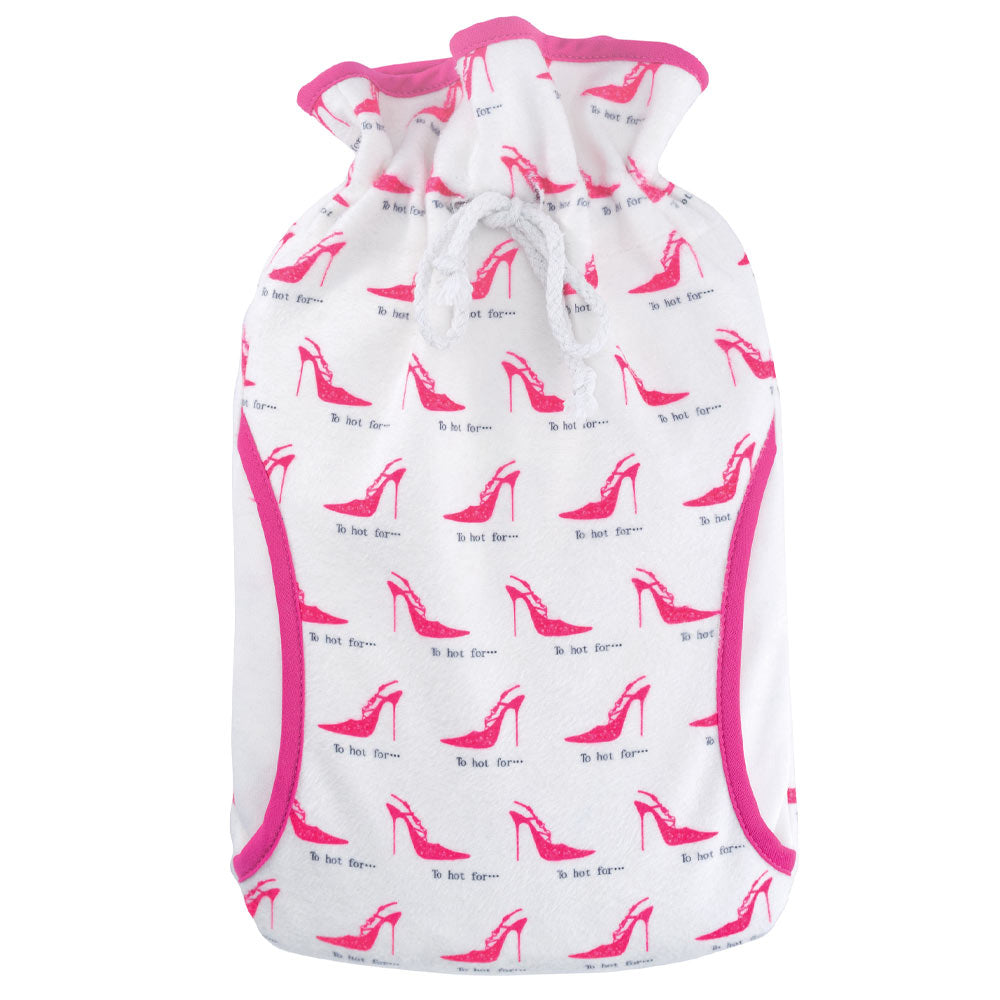 Öko-Wärmflasche 2,0 l mit Muff-Bezug, weiß mit pinkfarbenem High-Heels-Muster