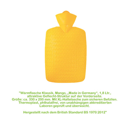 Wärmflasche 1,8 l mit Flechtoptik, Mangofarben, kompakte Form