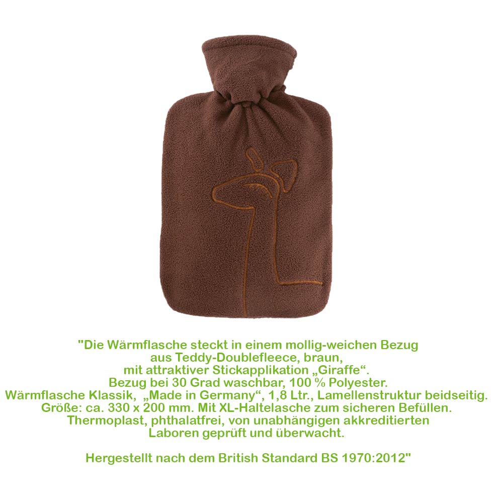 Wärmflasche mit Doublefleecebezug braun (1,8 l), Linienmotiv vorn, Schleifenverschluss