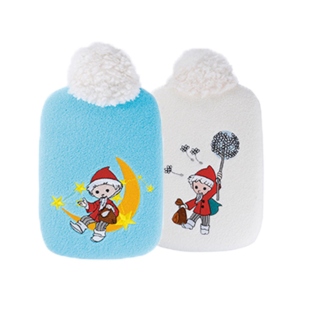 Wärmflasche mit Softfleece-Bezug, hellblau und weiß, jeweils mit Sandmann-Motiv