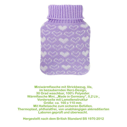 Mini-Wärmflasche mit Strickbezug in Lila mit Herzmuster