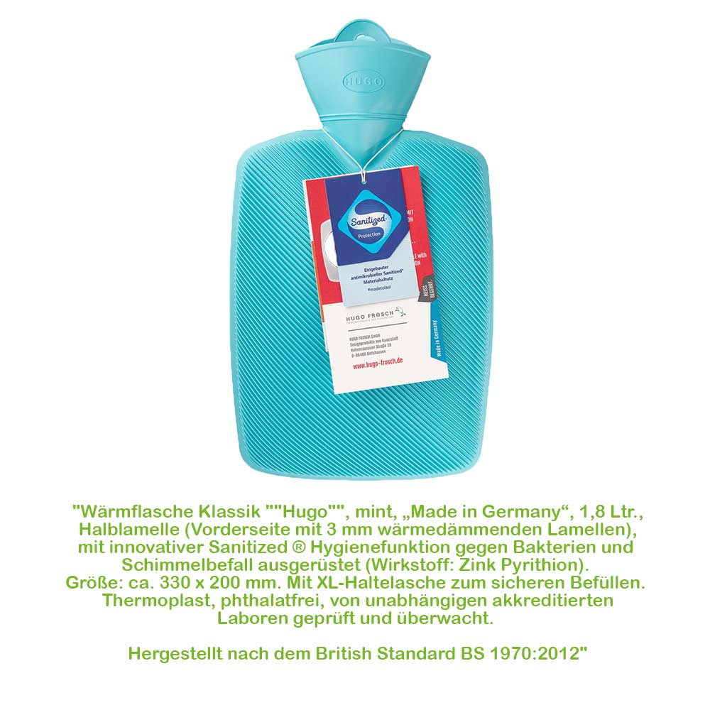 Türkisfarbene Wärmflasche mit Rippenstruktur und Verschluss, Halblamelle