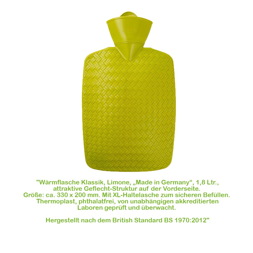Wärmflasche 1,8 l mit Flechtoptik, limonengelb, Vorderansicht