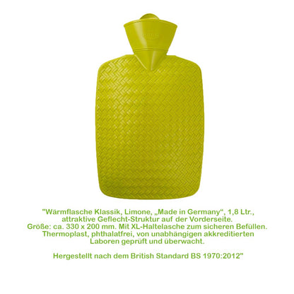 Wärmflasche 1,8 l mit Flechtoptik, limonengelb, Vorderansicht
