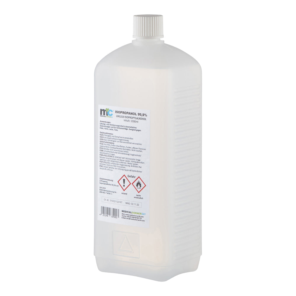 Isopropanol 99,9 % in Kunststoffflasche, Etikett mit Gefahrensymbolen sichtbar