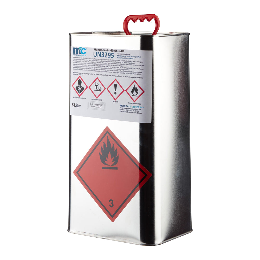 MC24 Wundbenzin 40/65 Metallkanister, UN3295, 5-Liter, Gefahrensymbole