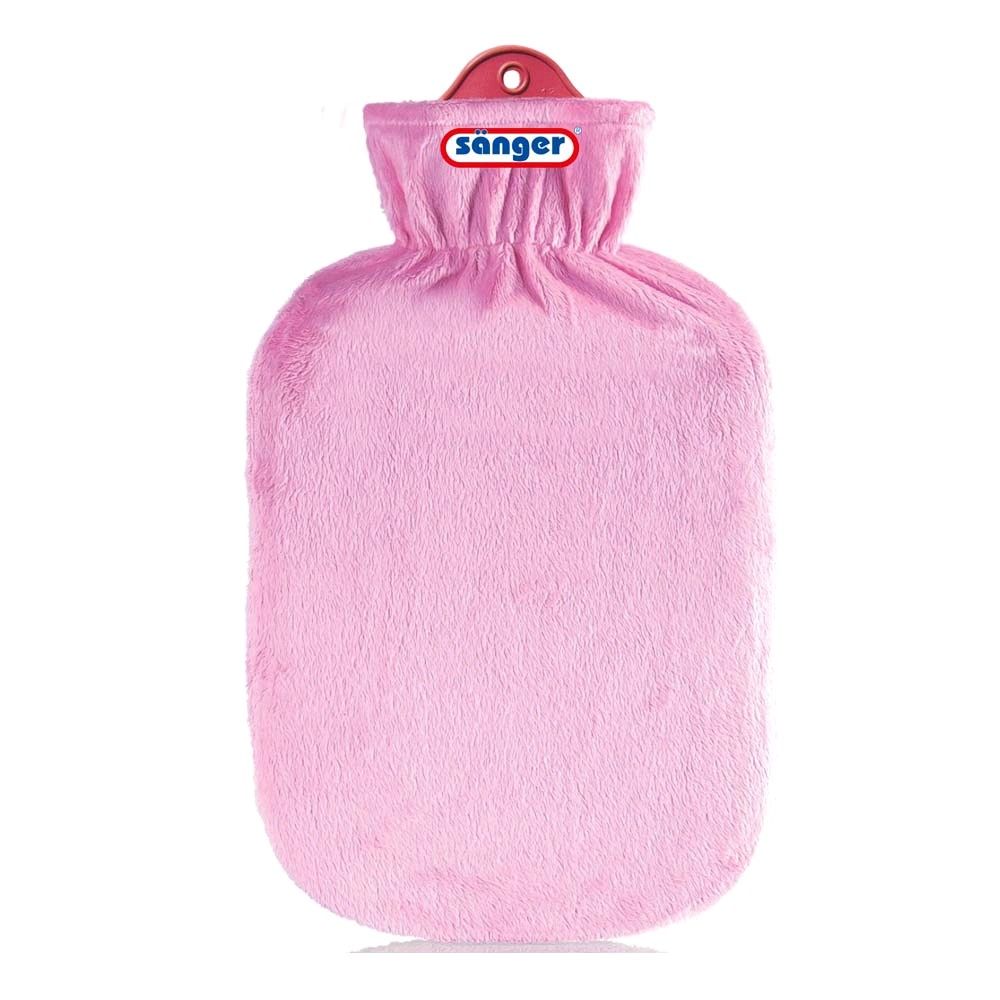 Gummi-Wärmflasche mit Flauschbezug in Rosa, gerippter Hals mit Zugband und Öse