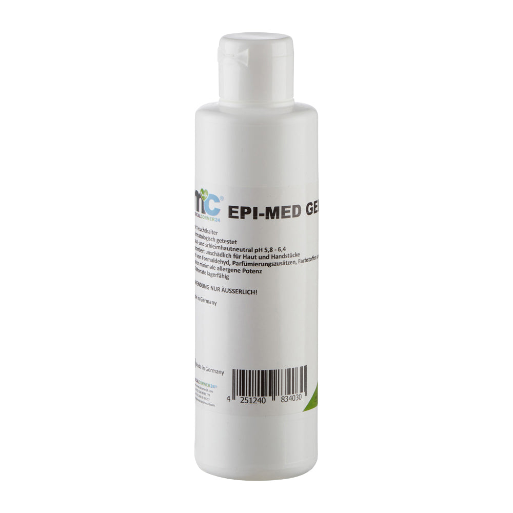 IPL-Kontaktgel EPI-MED GEL, Flasche von vorn mit Barcode und weißem Verschluss