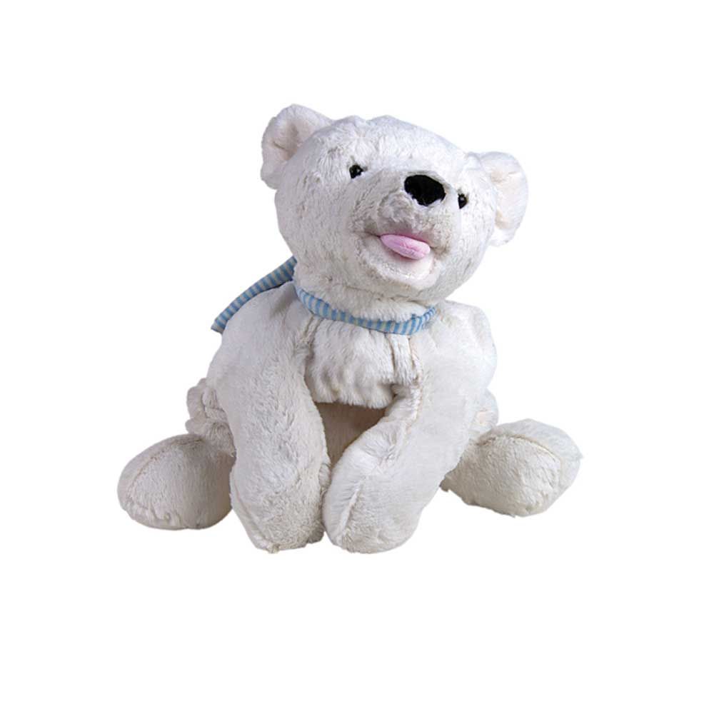Kinder-Wärmflasche mit Bären-Kuscheltier-Bezug, weißer Plüsch, blaues Halstuch