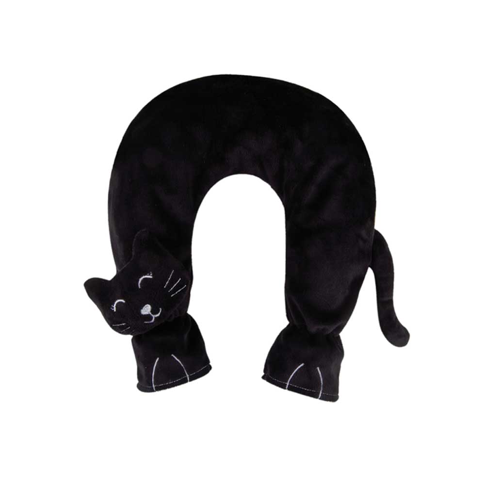 Nackenwärmflasche mit Katzenbezug, schwarzer Plüschbezug in U-Form