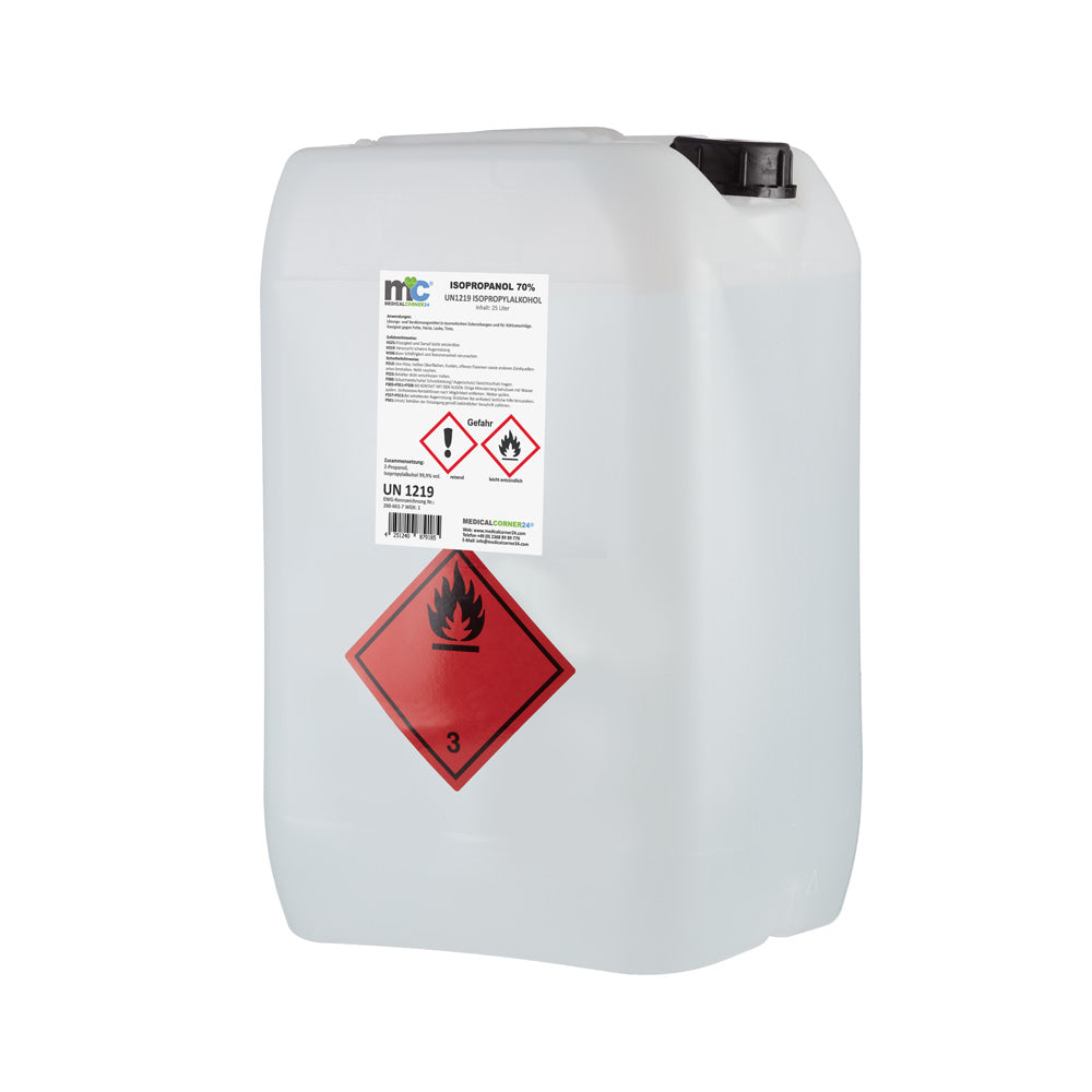Isopropanol 70%-Kanister seitlich, schwarzer Verschluss und rotes Gefahrensymbol