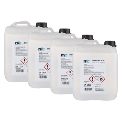 Mehrere Isopropanol 99,9 % Kunststoffgebinde in Reihe, mit Gefahr- und UN-Labels