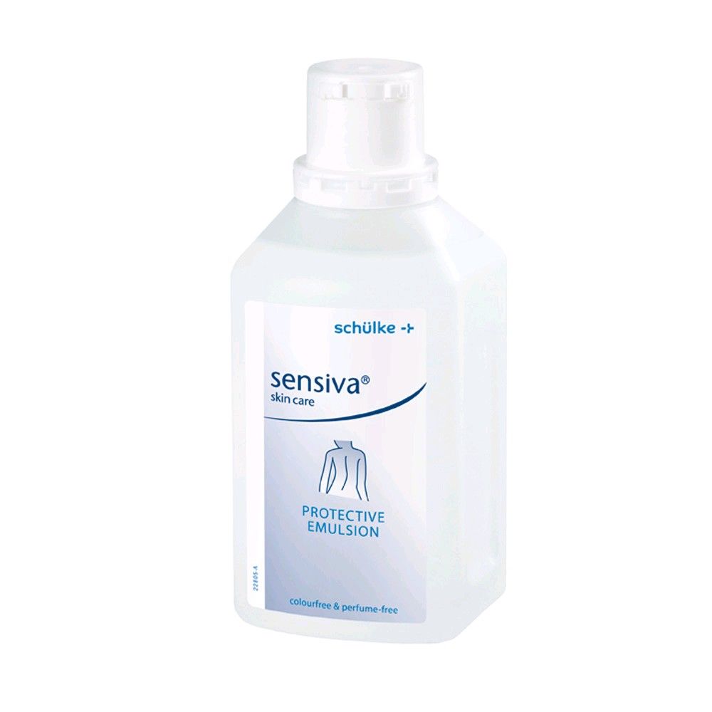 Hautlotion in weißer Kunststoffflasche mit blauem sensiva®-Logo, Protective Emulsion