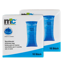Medicalcorner24 Spuckbeutel Packungen, jeweils 10 Stück, blaues Beutelbild.