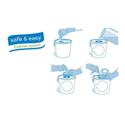 Safe&Easy bagless Feuchttuchspender-Anleitung: Hände entnehmen Tücher aus dem Eimer