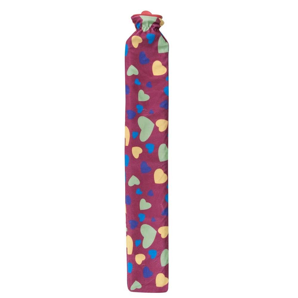 Sänger 2,5-l Gummi-Wärmflasche Longi mit lila Bezug und bunten Herzmotiven
