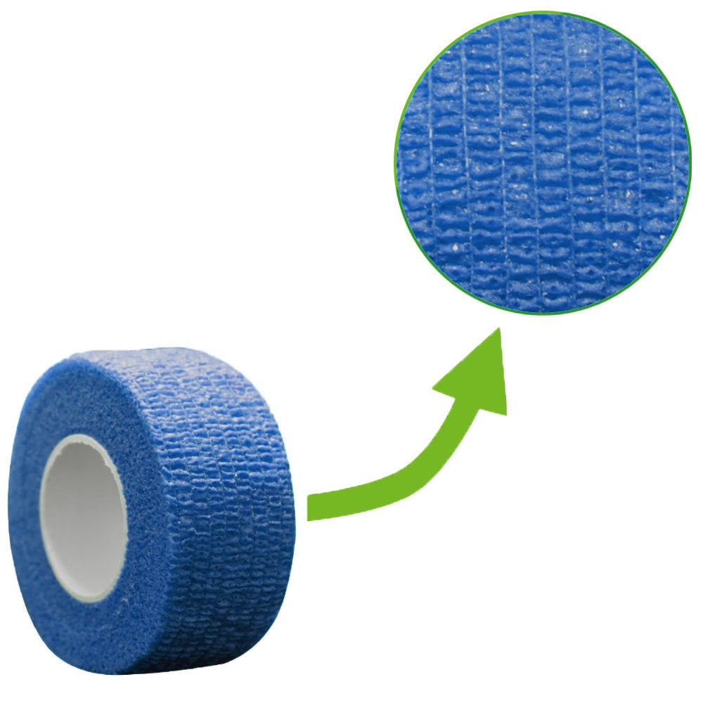 Blaues Fingertape auf Rolle mit Nahansicht der Textur und Pfeil