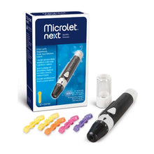 Bayer Microlet® Next Stechhilfe mit Verpackung, Stechgerät und farbigen Lanzetten