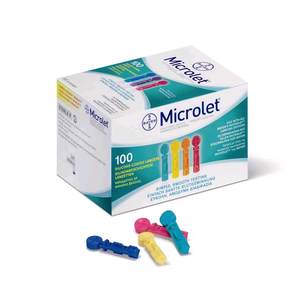 Bayer MICROLET Lanzettenbox mit 100 farbigen, silikonbeschichteten Lanzetten und 3 Stk.
