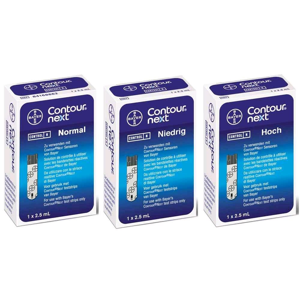 Bayer CONTOUR next Kontrolllösungen (Normal, Niedrig, Hoch), je 1×2,5 ml