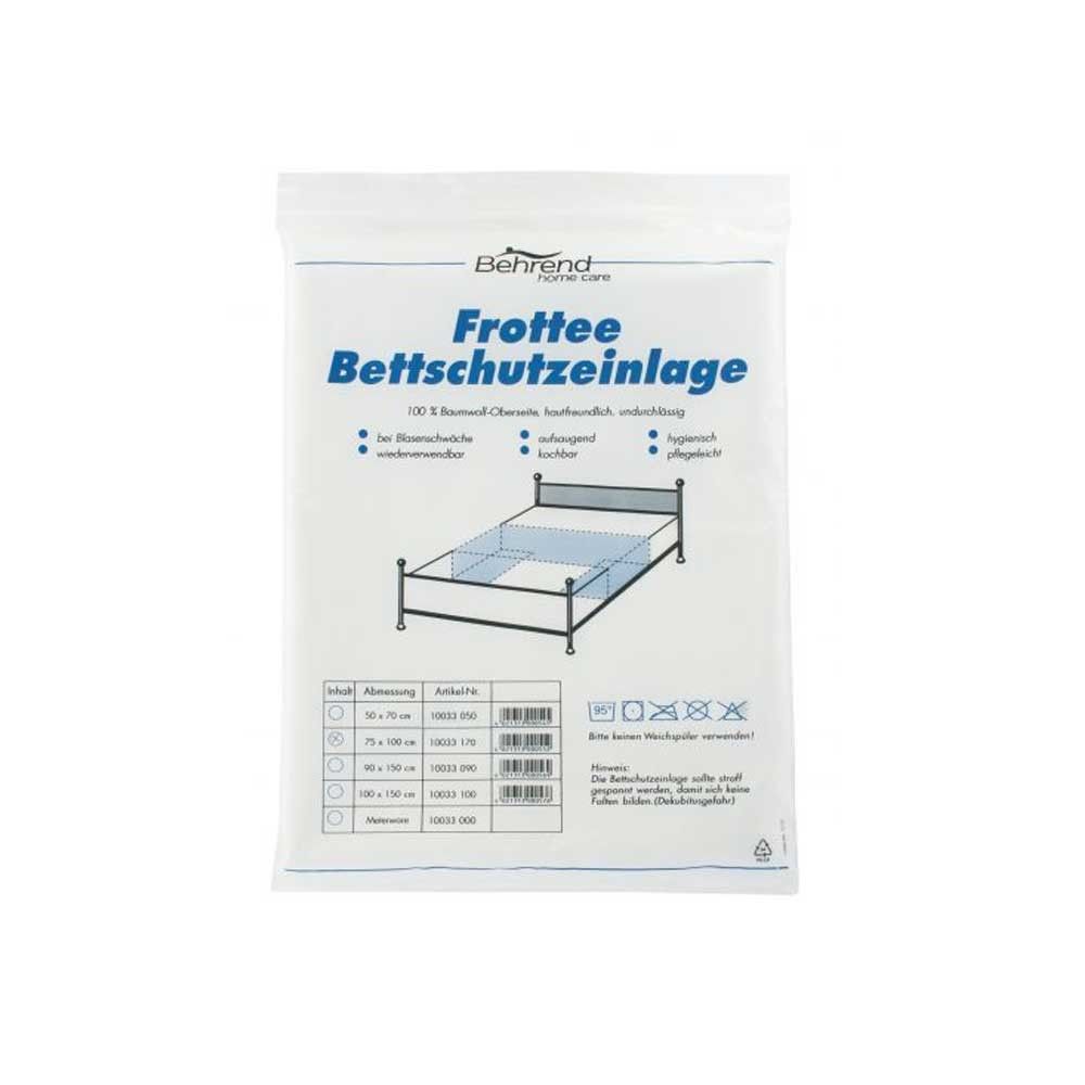 Frottee-Bettschutzeinlage, weiße Umverpackung mit Produkt- und Größenangaben