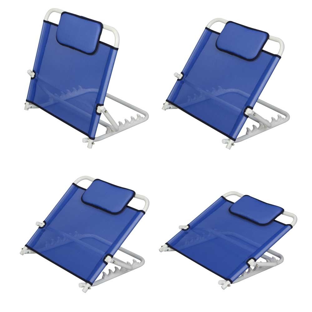 Rückenstütze in Blau mit Kopfteil und verstellbarer Halterung, mehrere Ansichten